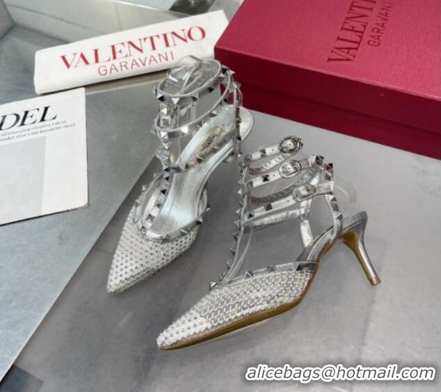 Buy Luxury Valentino Rockstud Mesh Pumps with Crystal and Straps 65mm Silver 082821