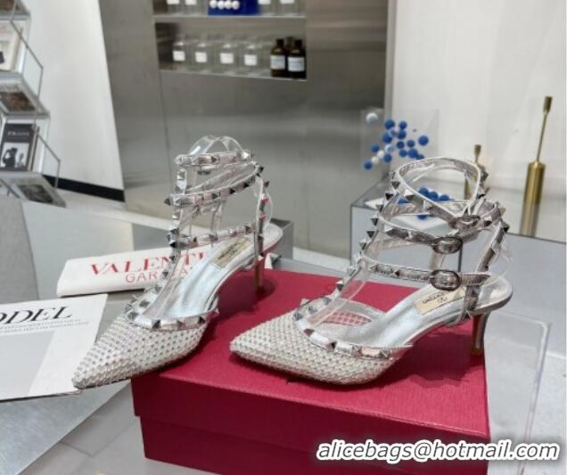 Buy Luxury Valentino Rockstud Mesh Pumps with Crystal and Straps 65mm Silver 082821