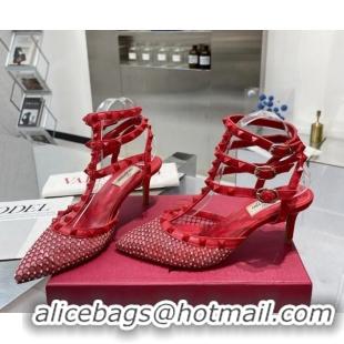 Top Grade Valentino Rockstud Mesh Pumps with Crystal and Straps 65mm Red 082822