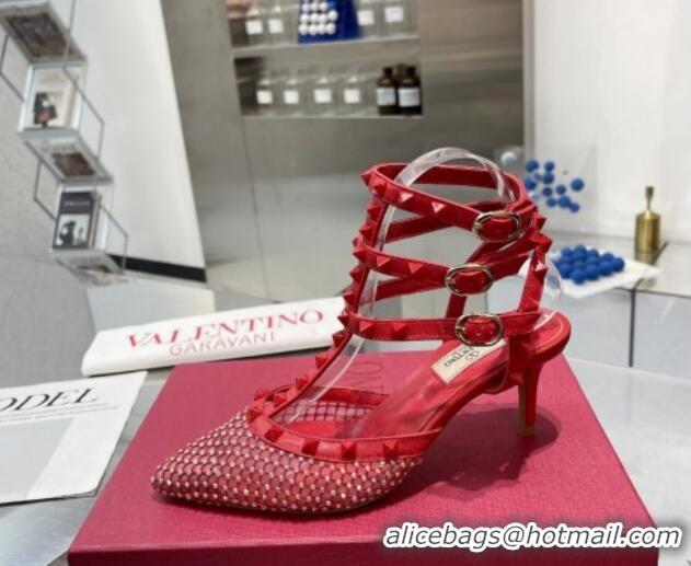 Top Grade Valentino Rockstud Mesh Pumps with Crystal and Straps 65mm Red 082822