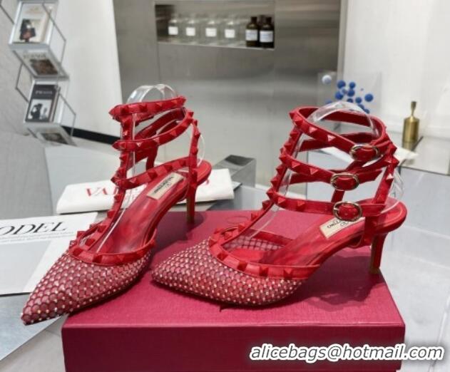 Top Grade Valentino Rockstud Mesh Pumps with Crystal and Straps 65mm Red 082822