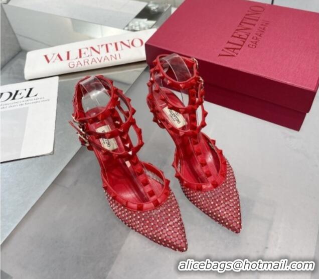 Top Grade Valentino Rockstud Mesh Pumps with Crystal and Straps 65mm Red 082822