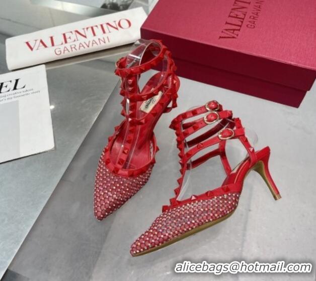 Top Grade Valentino Rockstud Mesh Pumps with Crystal and Straps 65mm Red 082822