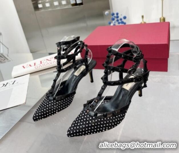 Most Popular Valentino Rockstud Mesh Pumps with Crystal and Straps 65mm Black 082823