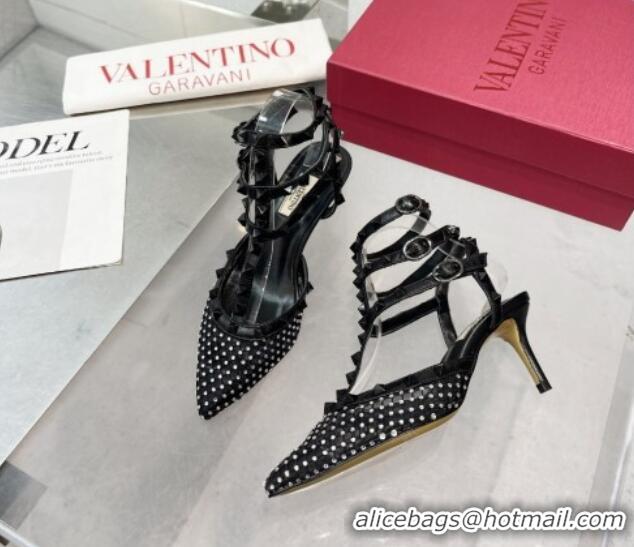 Most Popular Valentino Rockstud Mesh Pumps with Crystal and Straps 65mm Black 082823