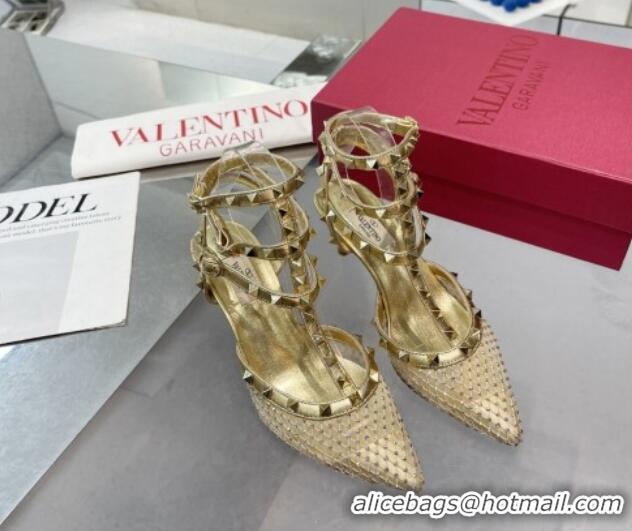 Pretty Style Valentino Rockstud Mesh Pumps with Crystal and Straps 65mm Gold 82825