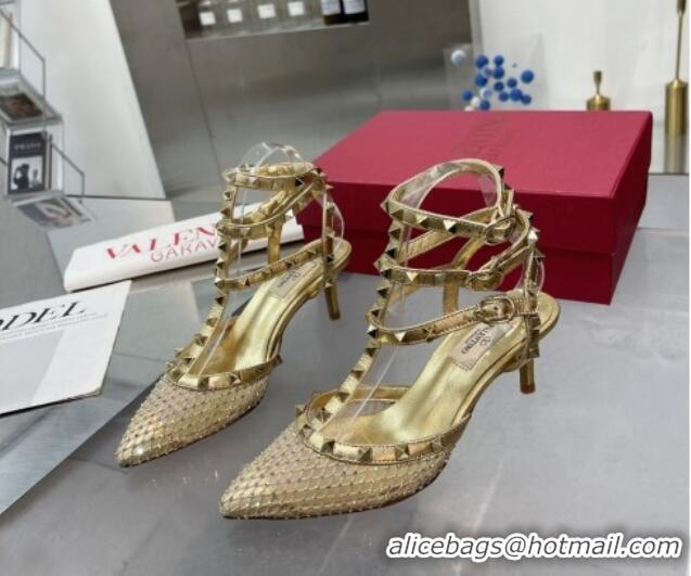 Pretty Style Valentino Rockstud Mesh Pumps with Crystal and Straps 65mm Gold 82825