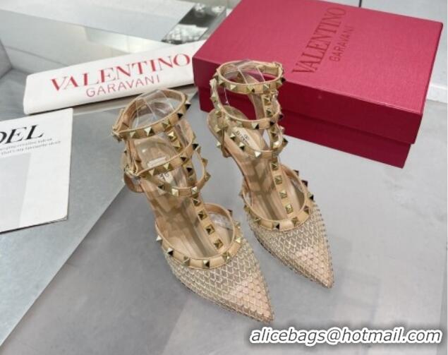 Pretty Style Valentino Rockstud Mesh Pumps with Crystal and Straps 65mm Gold 82825