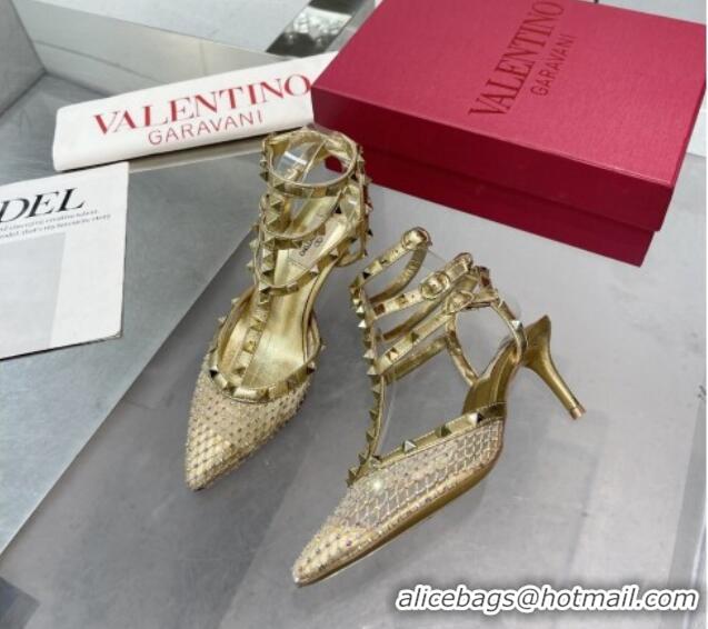 Pretty Style Valentino Rockstud Mesh Pumps with Crystal and Straps 65mm Gold 82825