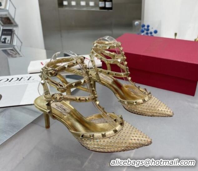 Pretty Style Valentino Rockstud Mesh Pumps with Crystal and Straps 65mm Gold 82825