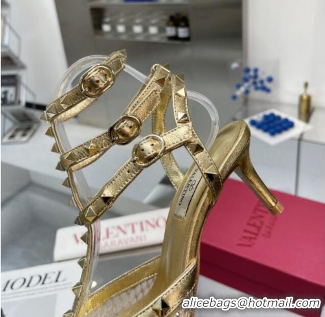 Pretty Style Valentino Rockstud Mesh Pumps with Crystal and Straps 65mm Gold 82825