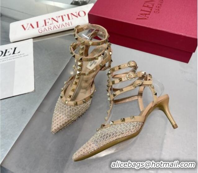 Feminine Valentino Rockstud Mesh Pumps with Crystal and Straps 65mm Beige 082824