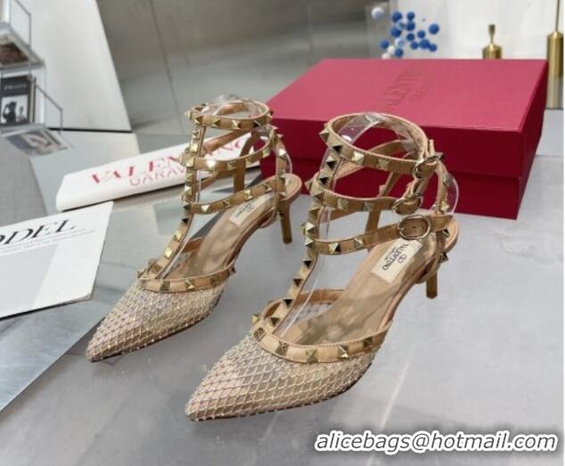 Feminine Valentino Rockstud Mesh Pumps with Crystal and Straps 65mm Beige 082824