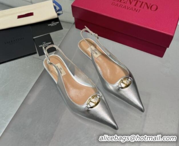 Good Looking Valentino The Bold Edition VLogo Calfskin Slingback Ballerinas 20MM Silver 082828