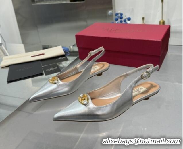 Good Looking Valentino The Bold Edition VLogo Calfskin Slingback Ballerinas 20MM Silver 082828