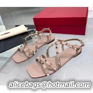 Luxurious Valentino Calfskin Rockstud Sandal with Straps Beige 082834