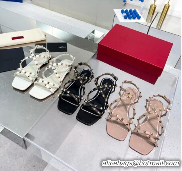 Luxurious Valentino Calfskin Rockstud Sandal with Straps Beige 082834