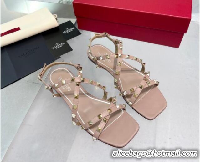 Luxurious Valentino Calfskin Rockstud Sandal with Straps Beige 082834