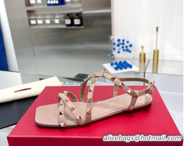 Luxurious Valentino Calfskin Rockstud Sandal with Straps Beige 082834