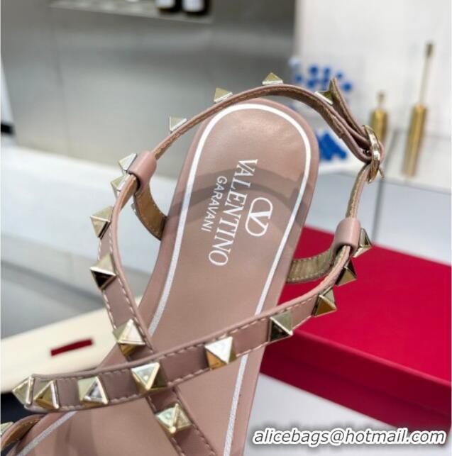 Luxurious Valentino Calfskin Rockstud Sandal with Straps Beige 082834