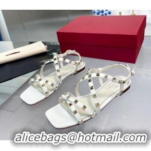 Crafted Valentino Calfskin Rockstud Sandal with Straps White 082833