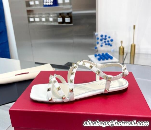 Crafted Valentino Calfskin Rockstud Sandal with Straps White 082833