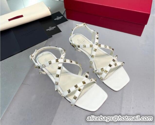 Crafted Valentino Calfskin Rockstud Sandal with Straps White 082833