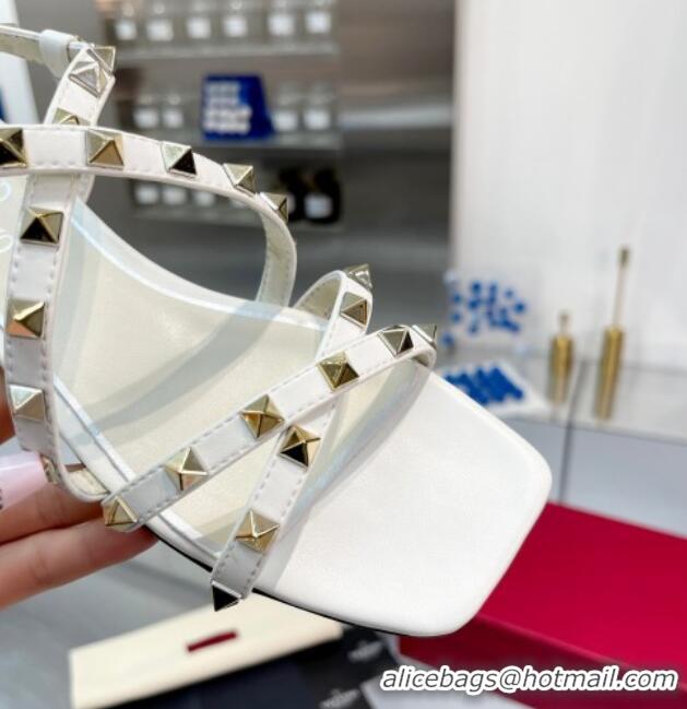 Crafted Valentino Calfskin Rockstud Sandal with Straps White 082833