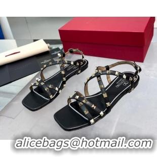 Luxury Cheap Valentino Calfskin Rockstud Sandal with Straps Black 082835