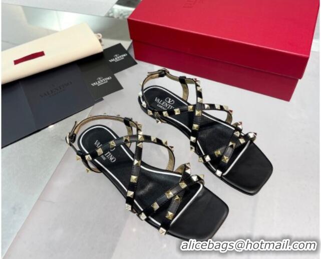 Luxury Cheap Valentino Calfskin Rockstud Sandal with Straps Black 082835