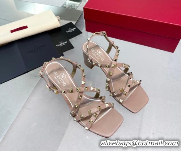 Luxury Valentino Rockstud Calfskin Sandal with Straps 60MM Beige 082836