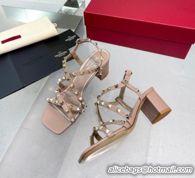 Luxury Valentino Rockstud Calfskin Sandal with Straps 60MM Beige 082836