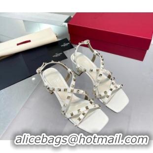 Popular Style Valentino Rockstud Calfskin Sandal with Straps 60MM White 082837