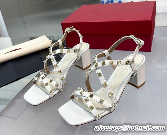 Popular Style Valentino Rockstud Calfskin Sandal with Straps 60MM White 082837