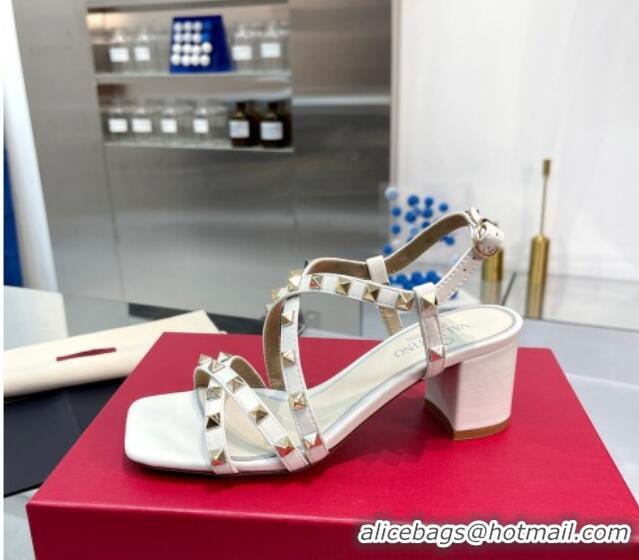 Popular Style Valentino Rockstud Calfskin Sandal with Straps 60MM White 082837