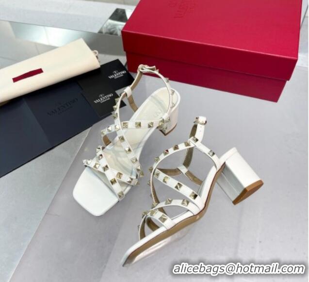 Popular Style Valentino Rockstud Calfskin Sandal with Straps 60MM White 082837