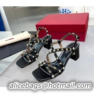 Top Design Valentino Rockstud Calfskin Sandal with Straps 60MM Black 082839