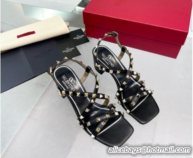 Top Design Valentino Rockstud Calfskin Sandal with Straps 60MM Black 082839