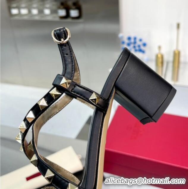 Top Design Valentino Rockstud Calfskin Sandal with Straps 60MM Black 082839