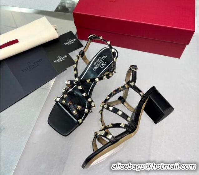 Top Design Valentino Rockstud Calfskin Sandal with Straps 60MM Black 082839