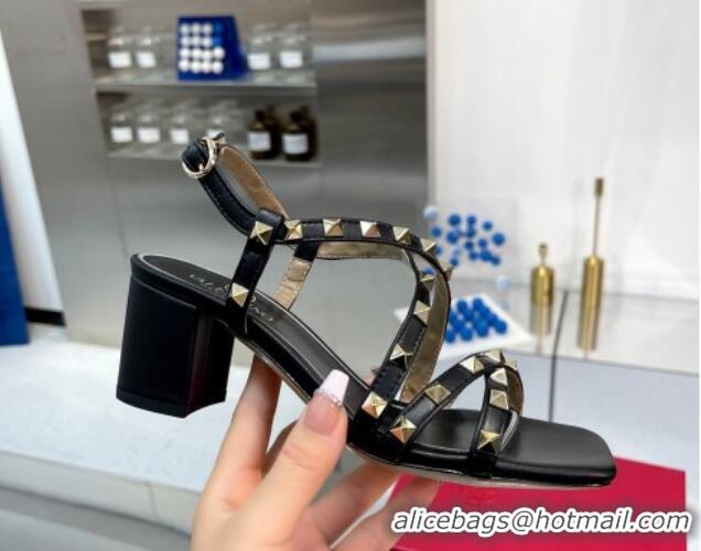 Top Design Valentino Rockstud Calfskin Sandal with Straps 60MM Black 082839