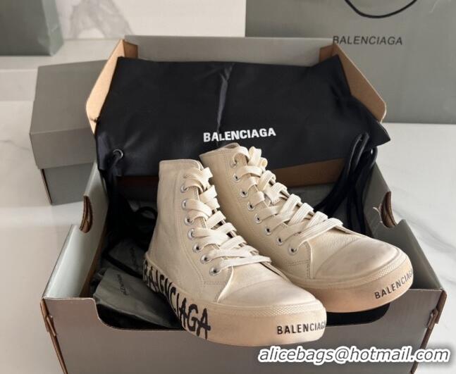 Classic Hot Balenciaga Paris White Calfskin High-Top Sneakers with Graffiti 531119