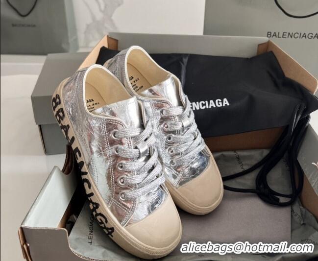 Popular Style Balenciaga Paris Silver Calfskin Low-Top Sneakers with Graffiti 531123