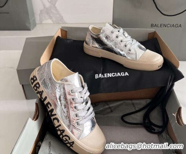 Popular Style Balenciaga Paris Silver Calfskin Low-Top Sneakers with Graffiti 531123