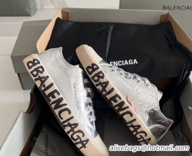 Popular Style Balenciaga Paris Silver Calfskin Low-Top Sneakers with Graffiti 531123