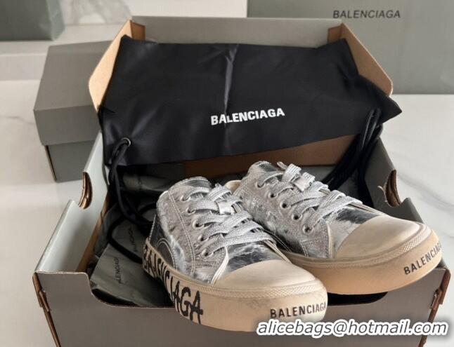 Popular Style Balenciaga Paris Silver Calfskin Low-Top Sneakers with Graffiti 531123