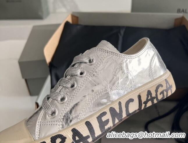 Popular Style Balenciaga Paris Silver Calfskin Low-Top Sneakers with Graffiti 531123