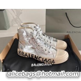 Good Looking Balenciaga Paris Silver Calfskin High-Top Sneakers with Graffiti 531124