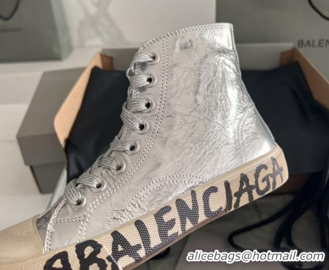 Good Looking Balenciaga Paris Silver Calfskin High-Top Sneakers with Graffiti 531124