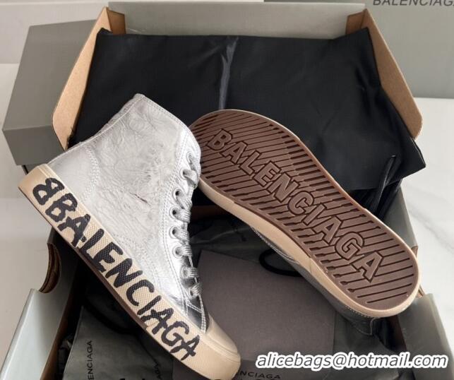 Good Looking Balenciaga Paris Silver Calfskin High-Top Sneakers with Graffiti 531124